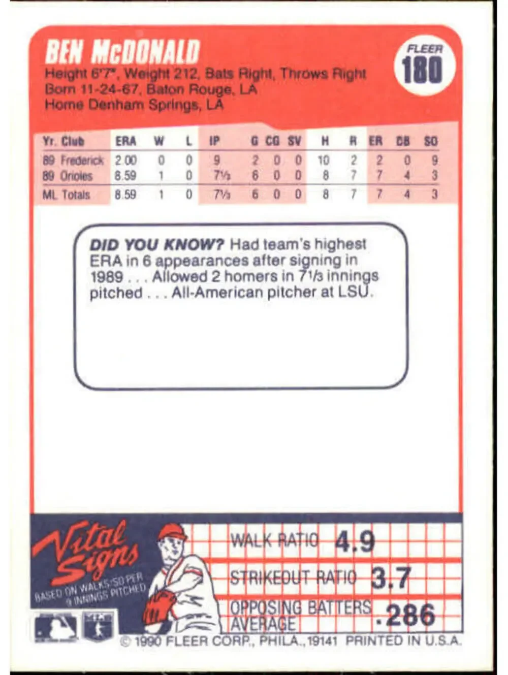 1990 Ben McDonald Fleer Baseball Card #180